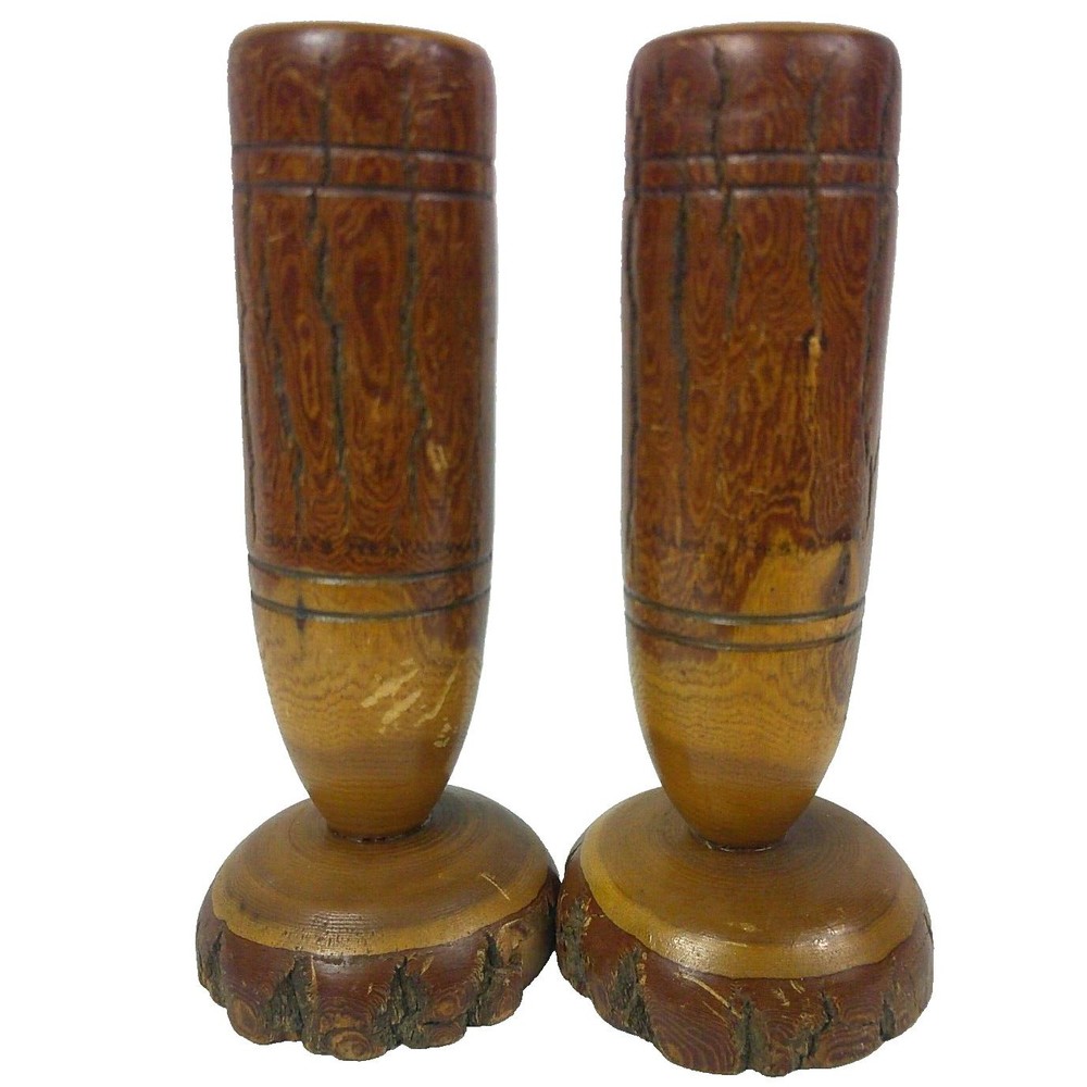 Vintage Wooden Wood Hand Carved Bud Vase Candle Holder Water Proofed Set of 2